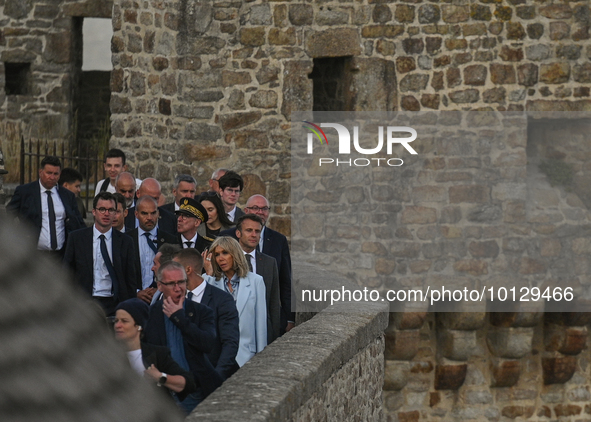 MONT-SAINT-MICHEL, FRANCE - JUNE 05, 2023:   
French President Emmanuel Macron and First Lady Brigitte Macron during their visit to Mont Sai...