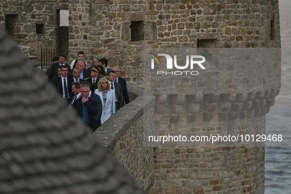 MONT-SAINT-MICHEL, FRANCE - JUNE 05, 2023:   
French President Emmanuel Macron and First Lady Brigitte Macron during their visit to Mont Sai...