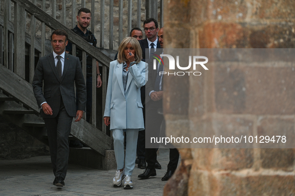 MONT-SAINT-MICHEL, FRANCE - JUNE 05, 2023:   
French President Emmanuel Macron and First Lady Brigitte Macron during their visit to Mont Sai...