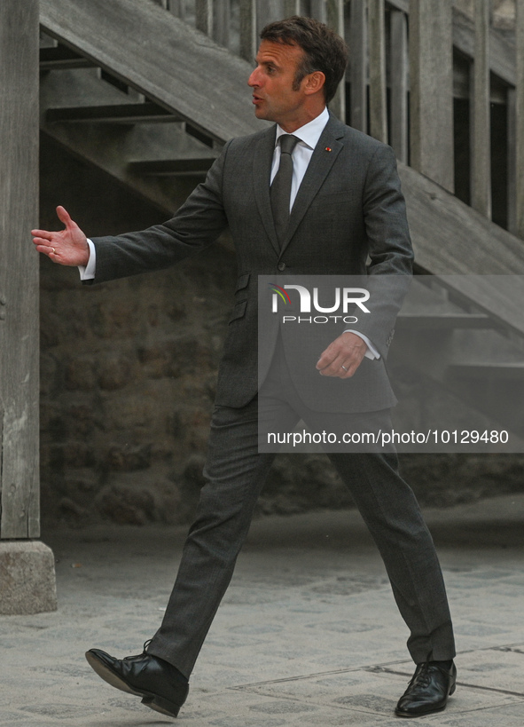 MONT-SAINT-MICHEL, FRANCE - JUNE 05, 2023:   
French President Emmanuel Macron during his visit to Mont Saint-Michel, on June 05, 2023.
Fren...