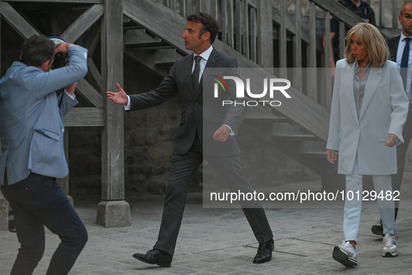 MONT-SAINT-MICHEL, FRANCE - JUNE 05, 2023:   
French President Emmanuel Macron and First Lady Brigitte Macron during their visit to Mont Sai...