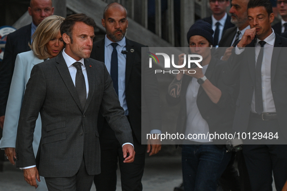 MONT-SAINT-MICHEL, FRANCE - JUNE 05, 2023:   
French President Emmanuel Macron and First Lady Brigitte Macron during their visit to Mont Sai...