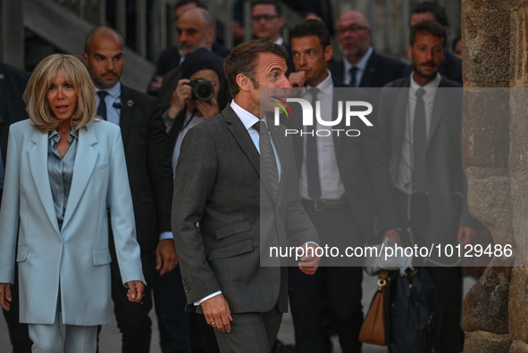 MONT-SAINT-MICHEL, FRANCE - JUNE 05, 2023:   
French President Emmanuel Macron and First Lady Brigitte Macron during their visit to Mont Sai...