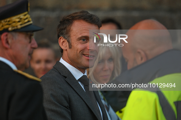 MONT-SAINT-MICHEL, FRANCE - JUNE 05, 2023:   
French President Emmanuel Macron and First Lady Brigitte Macron during their visit to Mont Sai...