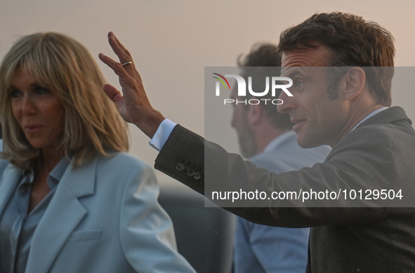 MONT-SAINT-MICHEL, FRANCE - JUNE 05, 2023:   
French President Emmanuel Macron and First Lady Brigitte Macron during their visit to Mont Sai...