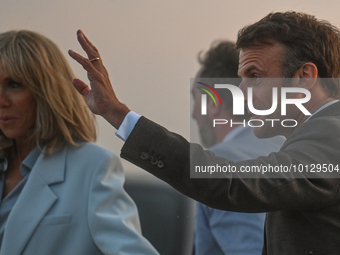 MONT-SAINT-MICHEL, FRANCE - JUNE 05, 2023:   
French President Emmanuel Macron and First Lady Brigitte Macron during their visit to Mont Sai...