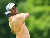 Thomas Detry of Brussels, Belgium hits from the 18th tee during The Memorial Tournament presented by Workday at Muirfield Village Golf Club...