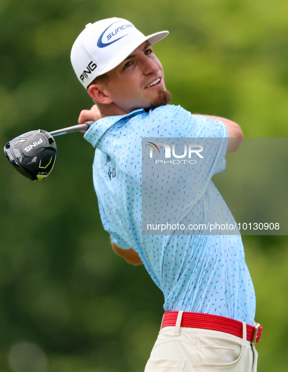 Sam Bennett of Madisonville, Texas hits from the 18th tee during The Memorial Tournament presented by Workday at Muirfield Village Golf Club...