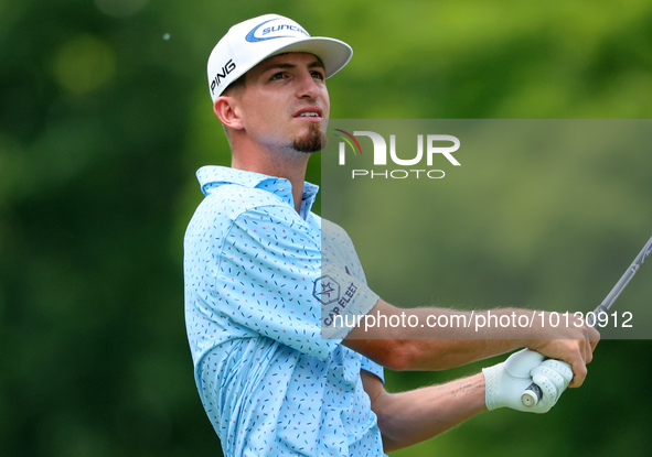 Sam Bennett of Madisonville, Texas hits from the 18th tee during The Memorial Tournament presented by Workday at Muirfield Village Golf Club...