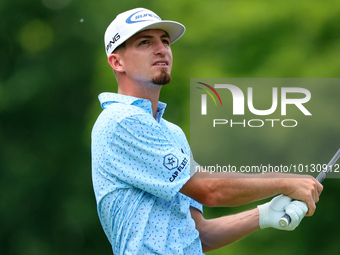 Sam Bennett of Madisonville, Texas hits from the 18th tee during The Memorial Tournament presented by Workday at Muirfield Village Golf Club...