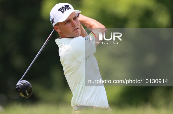 Eric Cole of Delray Beach, Florida hits from the 18th tee during The Memorial Tournament presented by Workday at Muirfield Village Golf Club...