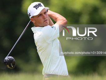 Eric Cole of Delray Beach, Florida hits from the 18th tee during The Memorial Tournament presented by Workday at Muirfield Village Golf Club...