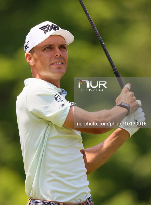 Eric Cole of Delray Beach, Florida hits from the 18th tee during The Memorial Tournament presented by Workday at Muirfield Village Golf Club...