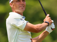 Eric Cole of Delray Beach, Florida hits from the 18th tee during The Memorial Tournament presented by Workday at Muirfield Village Golf Club...