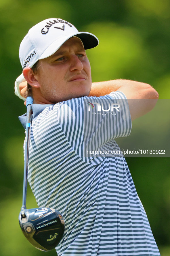 Emiliano Grillo of Argentina hits from the 18th tee during The Memorial Tournament presented by Workday at Muirfield Village Golf Club in Du...