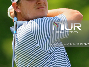 Emiliano Grillo of Argentina hits from the 18th tee during The Memorial Tournament presented by Workday at Muirfield Village Golf Club in Du...