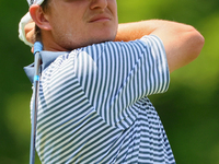 Emiliano Grillo of Argentina hits from the 18th tee during The Memorial Tournament presented by Workday at Muirfield Village Golf Club in Du...