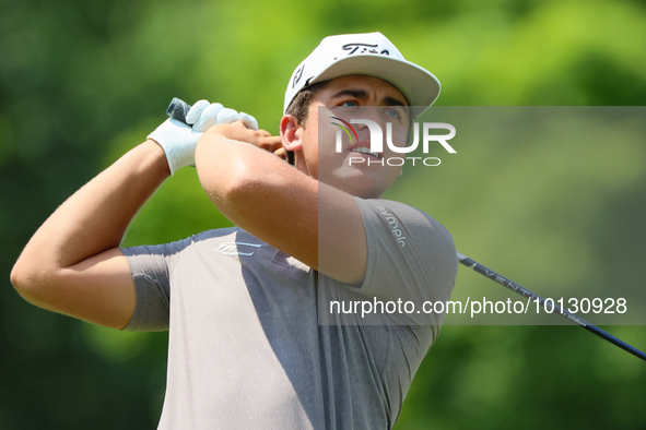 Garrick Higgo of Stellenbosch, South Africa hits from the 18th tee during The Memorial Tournament presented by Workday at Muirfield Village...