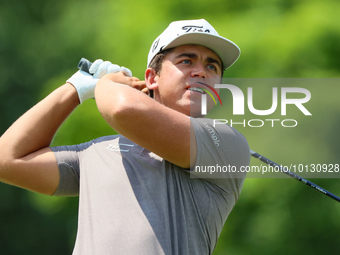 Garrick Higgo of Stellenbosch, South Africa hits from the 18th tee during The Memorial Tournament presented by Workday at Muirfield Village...