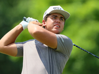 Garrick Higgo of Stellenbosch, South Africa hits from the 18th tee during The Memorial Tournament presented by Workday at Muirfield Village...