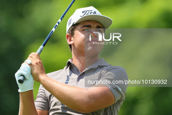 Emiliano Grillo of Argentina follows his shot from the 18th tee during The Memorial Tournament presented by Workday at Muirfield Village Gol...