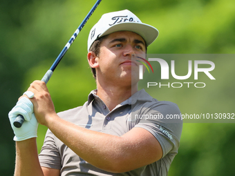 Emiliano Grillo of Argentina follows his shot from the 18th tee during The Memorial Tournament presented by Workday at Muirfield Village Gol...