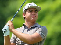 Emiliano Grillo of Argentina follows his shot from the 18th tee during The Memorial Tournament presented by Workday at Muirfield Village Gol...