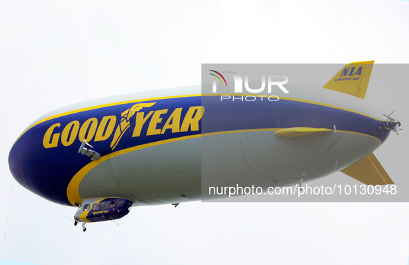 The Goodyear blimp floats over the course during The Memorial Tournament presented by Workday at Muirfield Village Golf Club in Dublin, Ohio...