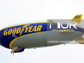 The Goodyear blimp floats over the course during The Memorial Tournament presented by Workday at Muirfield Village Golf Club in Dublin, Ohio...