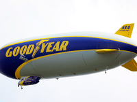 The Goodyear blimp floats over the course during The Memorial Tournament presented by Workday at Muirfield Village Golf Club in Dublin, Ohio...