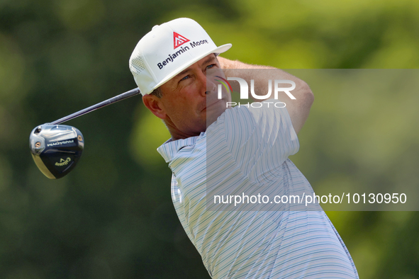 Chez Reavie of Scottsdale, Arizona hits from the 18th tee during The Memorial Tournament presented by Workday at Muirfield Village Golf Club...