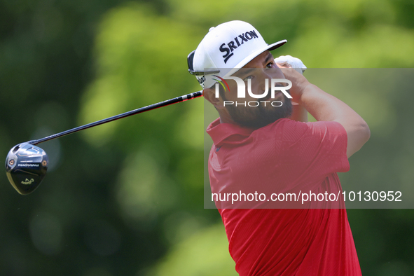 J.J. Spaun of Scottsdale, Arizona hits from the 18th tee during The Memorial Tournament presented by Workday at Muirfield Village Golf Club...