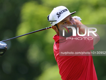 J.J. Spaun of Scottsdale, Arizona hits from the 18th tee during The Memorial Tournament presented by Workday at Muirfield Village Golf Club...