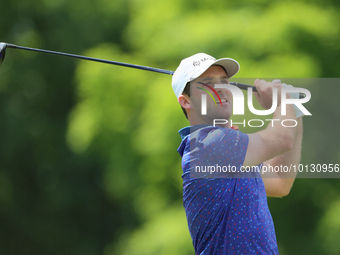 Denny McCarthy of Jupiter, Florida hits from the 18th tee during The Memorial Tournament presented by Workday at Muirfield Village Golf Club...