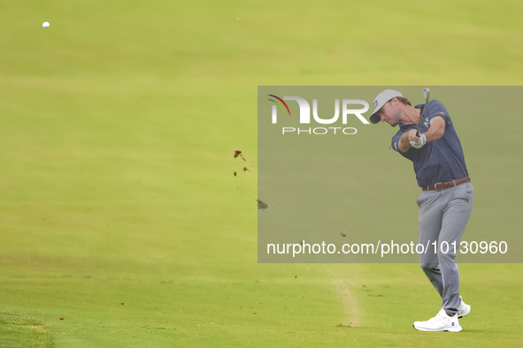 Austin Eckroat hits from the 18th fairway during The Memorial Tournament presented by Workday at Muirfield Village Golf Club in Dublin, Ohio...