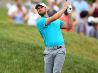 Wyndham Clark of Denver, Colorado hits from the 18th fairway during The Memorial Tournament presented by Workday at Muirfield Village Golf C...