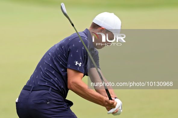 Jordan Spieth of Dallas, Texas hits from the 18th fairway during The Memorial Tournament presented by Workday at Muirfield Village Golf Club...