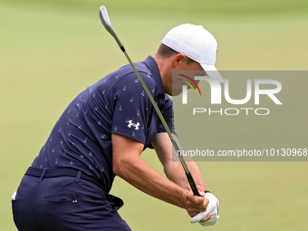 Jordan Spieth of Dallas, Texas hits from the 18th fairway during The Memorial Tournament presented by Workday at Muirfield Village Golf Club...