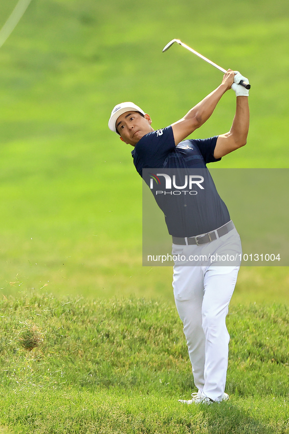 Justin Suh of San Jose, California hits from the 18th fairway during The Memorial Tournament presented by Workday at Muirfield Village Golf...