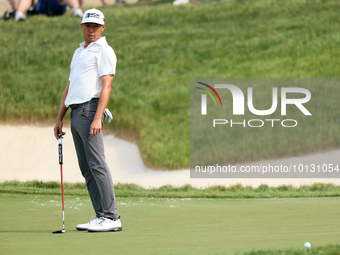 David Lipsky of Las Vegas, Nevada reacts to his putt on the 18th green during The Memorial Tournament presented by Workday at Muirfield Vill...