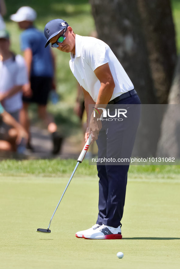 Rickie Fowler of Murrieta California putts on the 5th green during The Memorial Tournament presented by Workday at Muirfield Village Golf Cl...