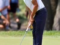 Rickie Fowler of Murrieta California putts on the 5th green during The Memorial Tournament presented by Workday at Muirfield Village Golf Cl...