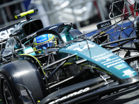 Fernando Alonso of Spain driving the (14) Aston Martin AMR23 Mercedes during practice ahead of the F1 Grand Prix of Spain at Circuit de Barc...