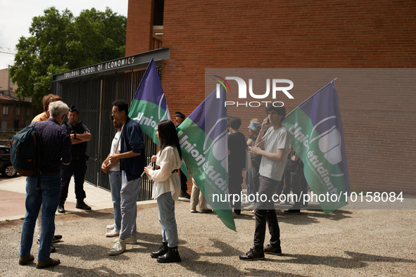 

Police are blocking students near the Toulouse School of Economics in Toulouse, France, on June 12th, 2023, as Sylvie Retailleau, Minister...