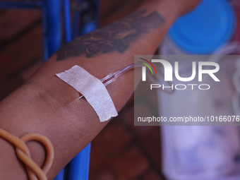 A Nepali blood donor donates blood in a blood donation campaign organized at Patan Durbar Square, a UNESCO World Heritage Site on the occasi...