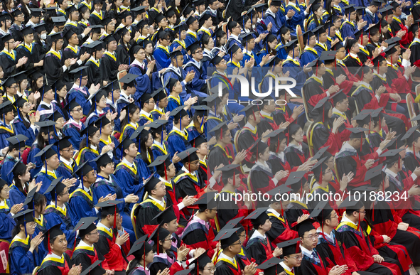 A general view of the 2023 graduation ceremony of China University of Petroleum in Qingdao, Shandong Province, China, June 20, 2023. Thousan...