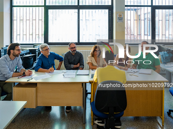 Oral exam board for a candidate at I.I.S.S. ''Mons. Antonio Bello'' vocational institute in Molfetta, the first day of high school graduatio...