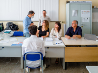 Oral exam board for a candidate at I.I.S.S. ''Mons. Antonio Bello'' vocational institute in Molfetta, the first day of high school graduatio...