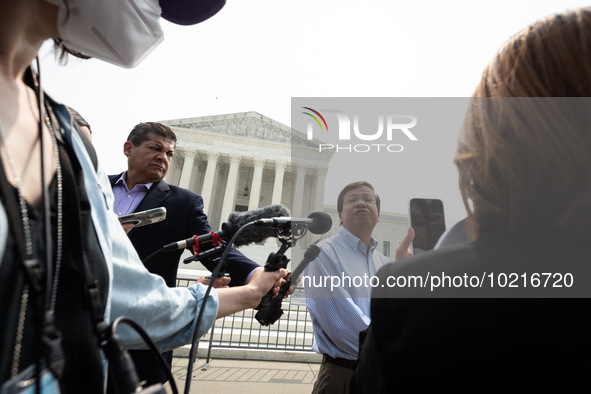 Yukong Mike Zhao of the Asian American Coalition for Education talks with reporters as he celebrate the US Supreme Court ruling that univers...