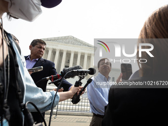 Yukong Mike Zhao of the Asian American Coalition for Education talks with reporters as he celebrate the US Supreme Court ruling that univers...